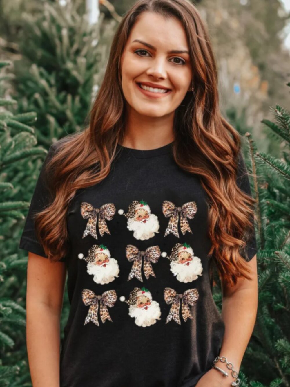 Black Santa Claus Leopard Bow Print Crew Neck Casual T